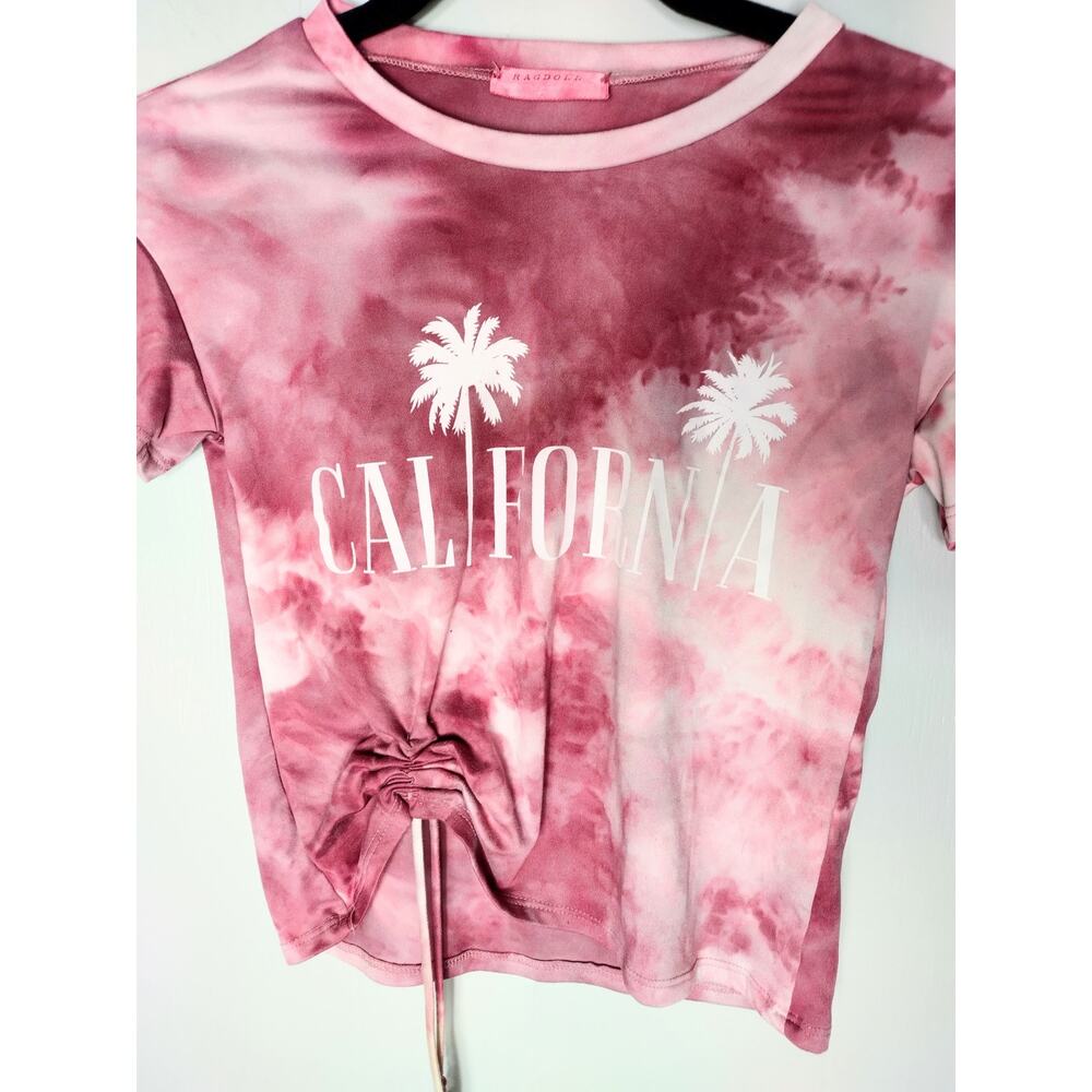 Rag Doll California Women Tie-Die Cropped Crew Neck Drawstring Short Sleeves Top